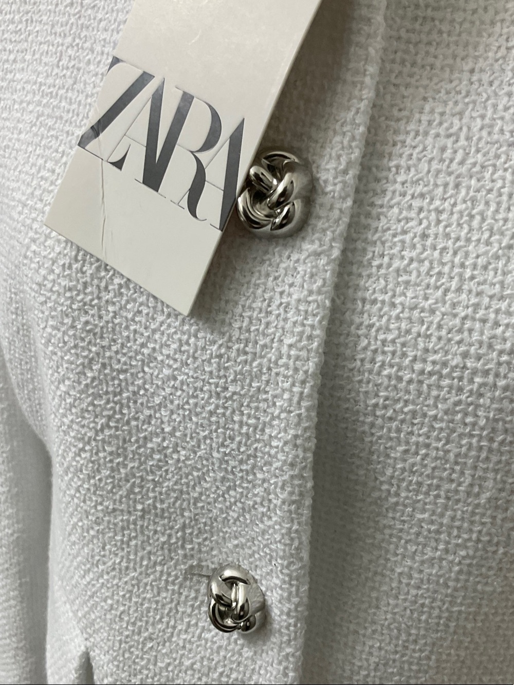 ZARA White Tweed Collarless Blazer with Decorative Silver Buttons - Picture 3 of 12